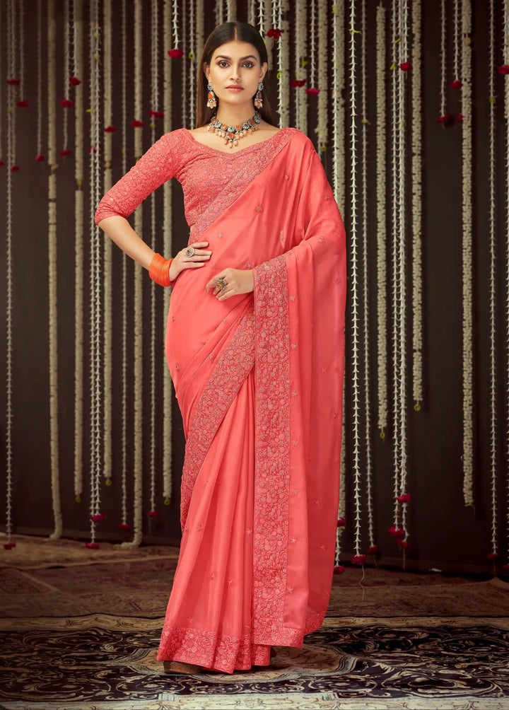 Elegant Organza Saree with Intricate Thread & Jari Embroidery | Perfect for Weddings & Festivals