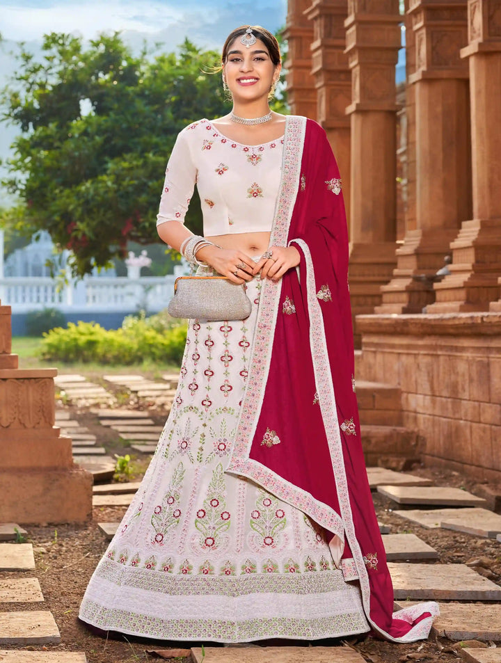 Charming White Georgette Lehenga with Pink Dupatta | Perfect for Weddings and Celebrations