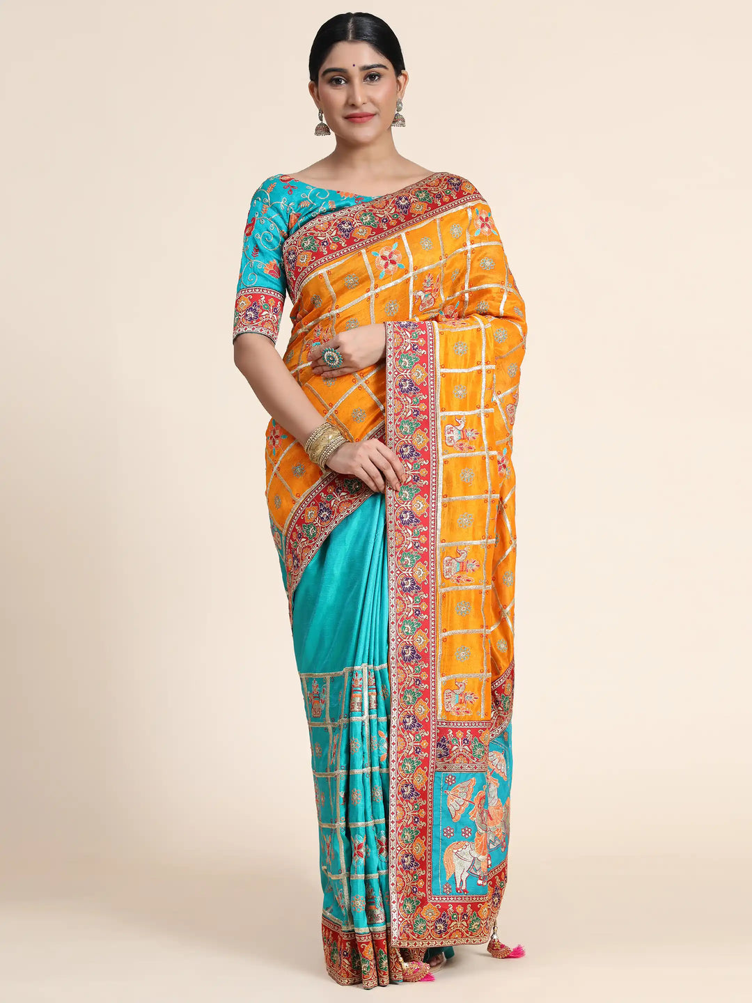 Designer Vichitra Crackle Silk Saree | Fentam Silk Blouse Heavy Embroidery