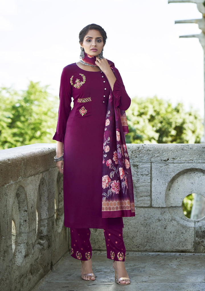Stylish Wine Rayon Suit | Embroidery Work & Digital Print for Casual Wear
