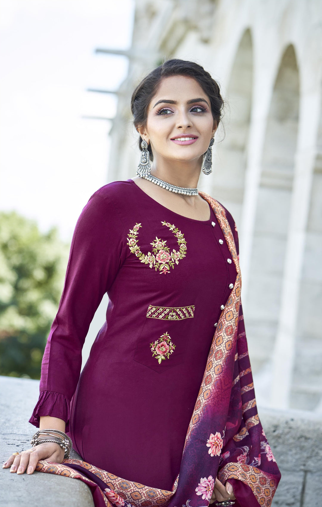 Stylish Wine Rayon Suit | Embroidery Work & Digital Print for Casual Wear