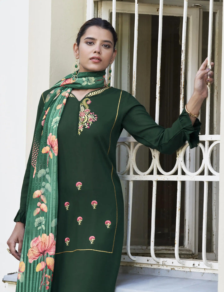 Stylish Green Rayon Suit | Digital Print & Maslin Dupatta for Elegant Look