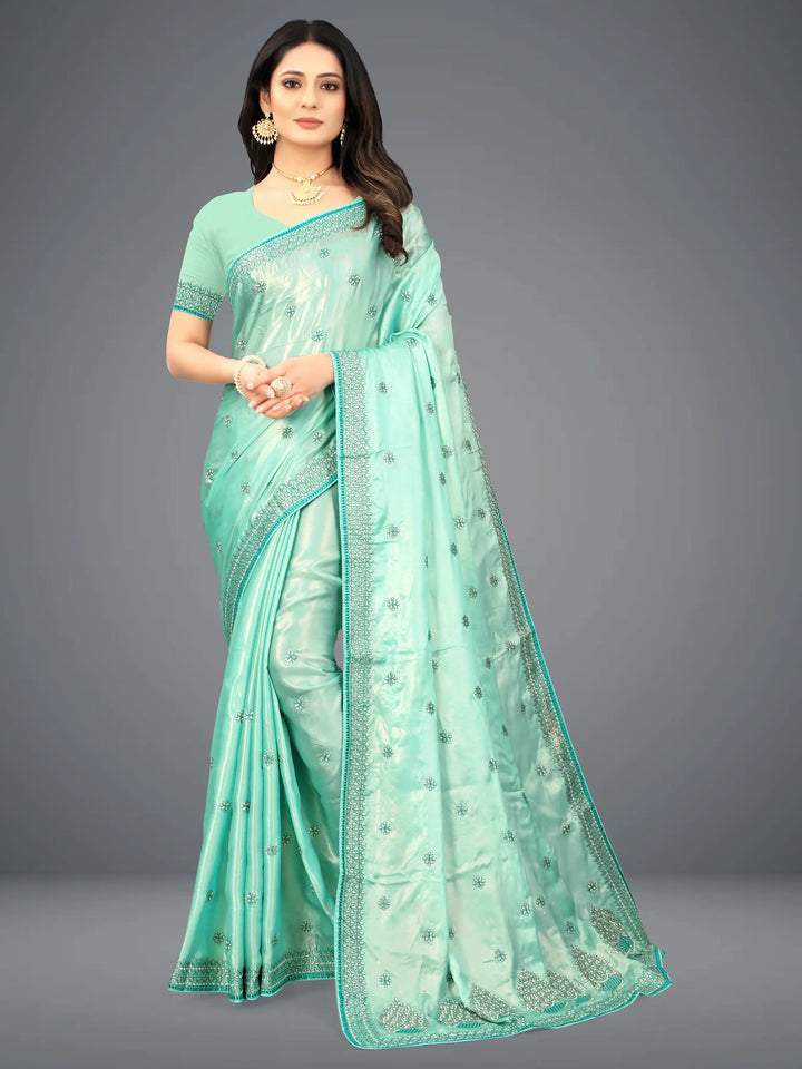 Sea Green Satin-Silk Saree | Traditional Indian Sari for Weddings
