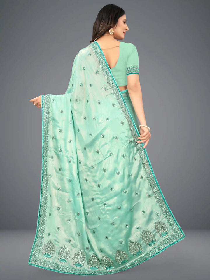 Sea Green Satin-Silk Saree | Traditional Indian Sari for Weddings