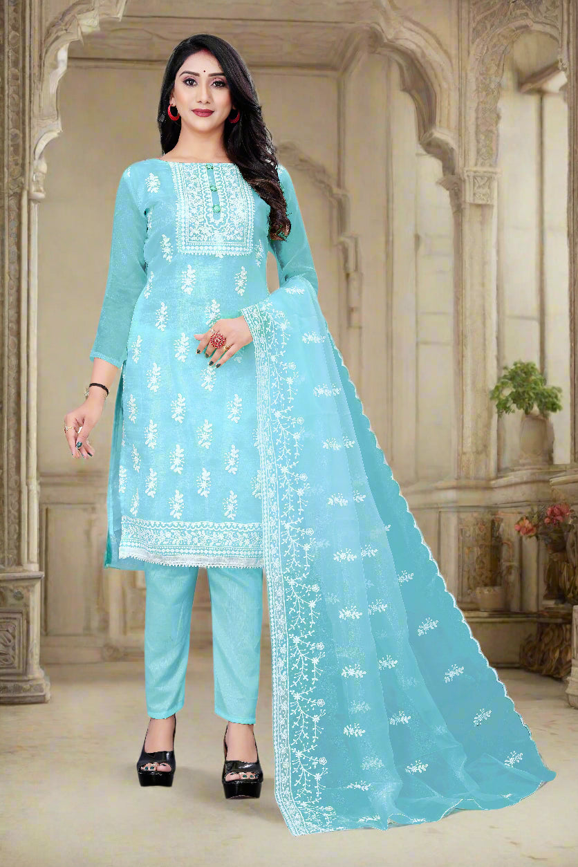 Stylish Organza Salwar Suit | Designer Embroidery & Santoon Bottom for Festive