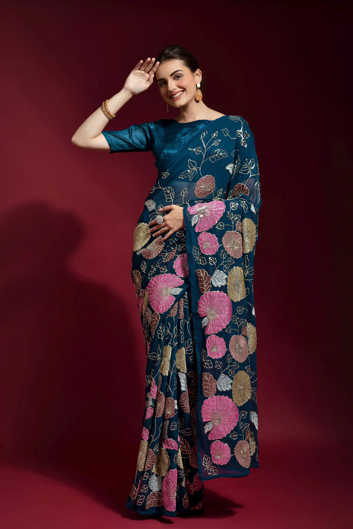 Sequins Embroidered Georgette Saree | Ideal Wedding & Party Wear with Style