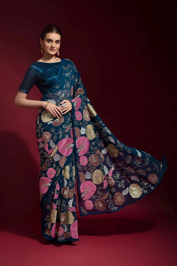 Sequins Embroidered Georgette Saree | Ideal Wedding & Party Wear with Style