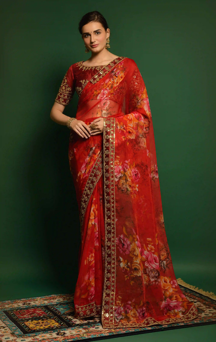 Flower-Printed Georgette Saree | Sequins & Embroidery for Party Wear