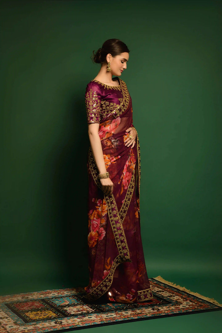 Flower-Printed Georgette Saree | Sequins & Embroidery for Party Wear