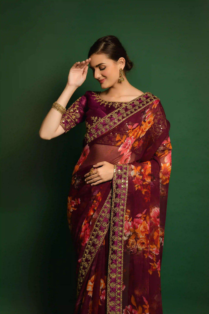 Flower-Printed Georgette Saree | Sequins & Embroidery for Party Wear