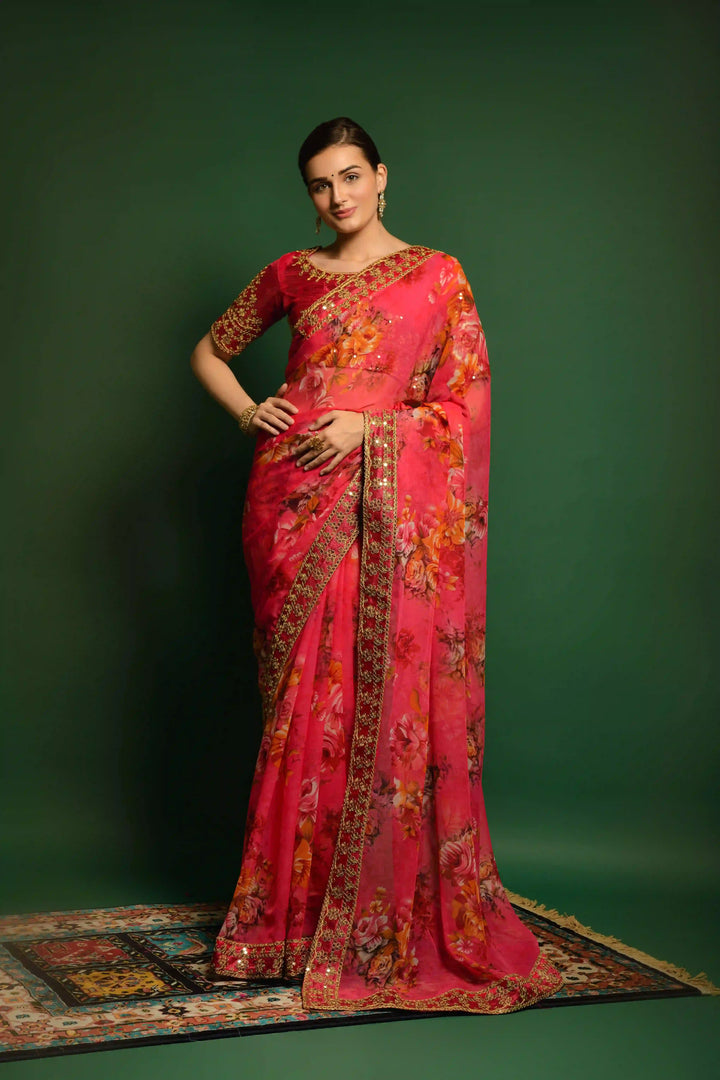 Flower-Printed Georgette Saree | Sequins & Embroidery for Party Wear