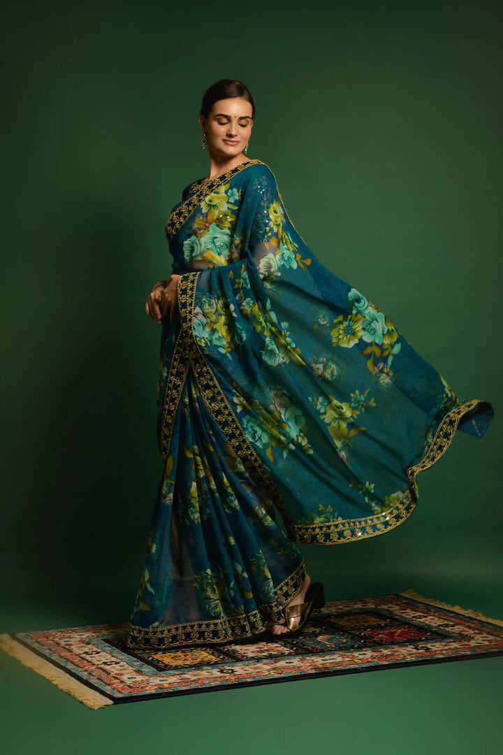 Flower-Printed Georgette Saree | Sequins & Embroidery for Party Wear