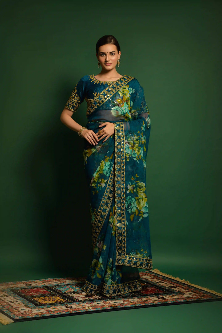 Flower-Printed Georgette Saree | Sequins & Embroidery for Party Wear