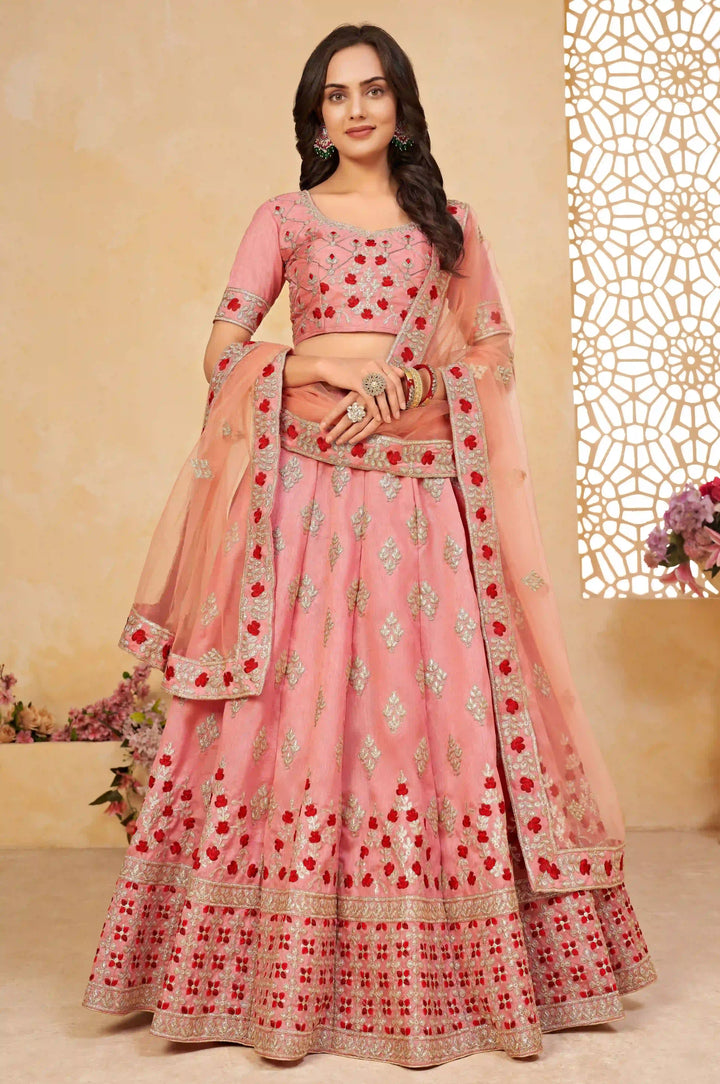 Designer Pink Silk Lehenga Set with Embroidery Work | Wedding and Party Wear