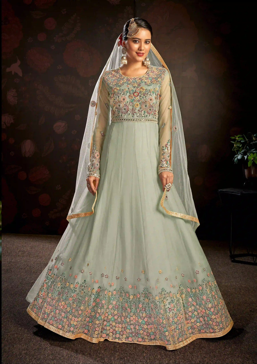 Front view net material Anarkalili a beautiful light green anara Anarkali suit suit.