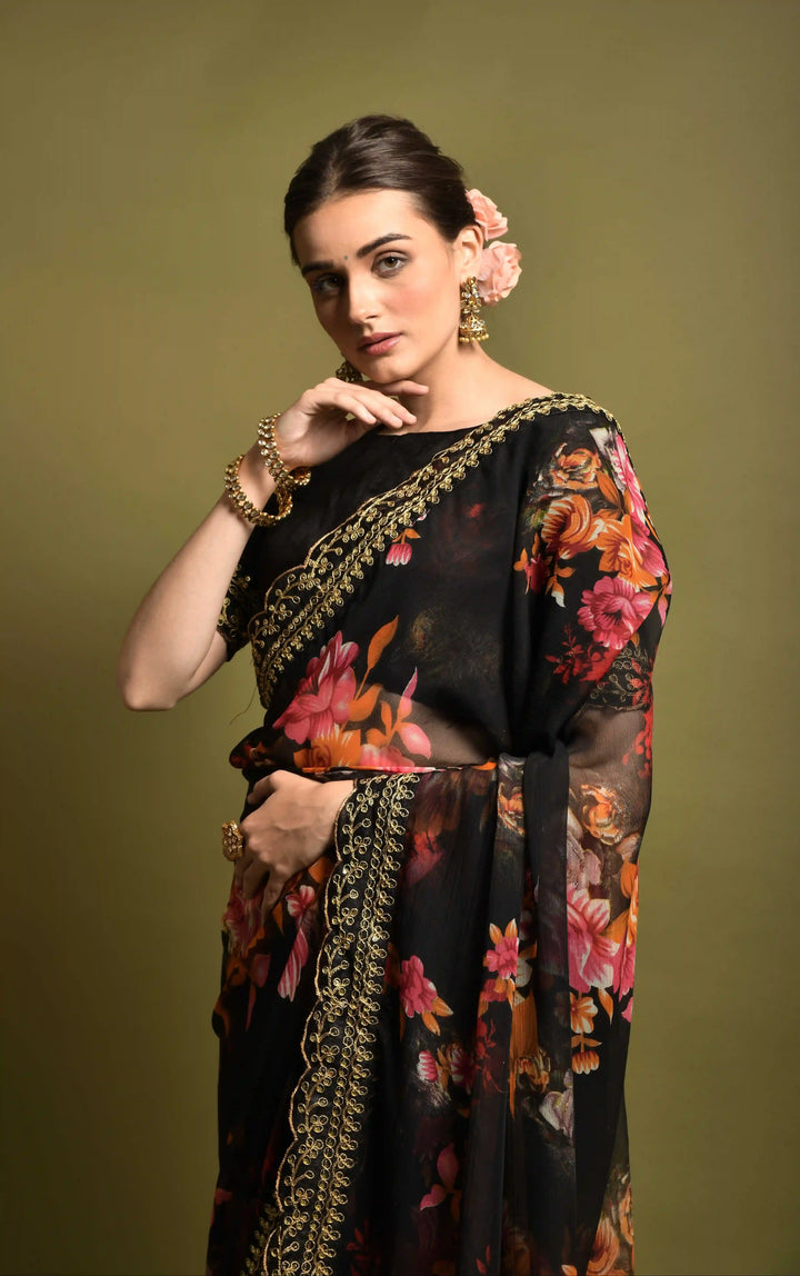 Stunning Georgette Flower-Printed Saree | Satin-Banglori Blouse