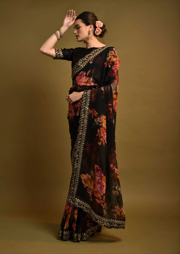 Stunning Georgette Flower-Printed Saree | Satin-Banglori Blouse