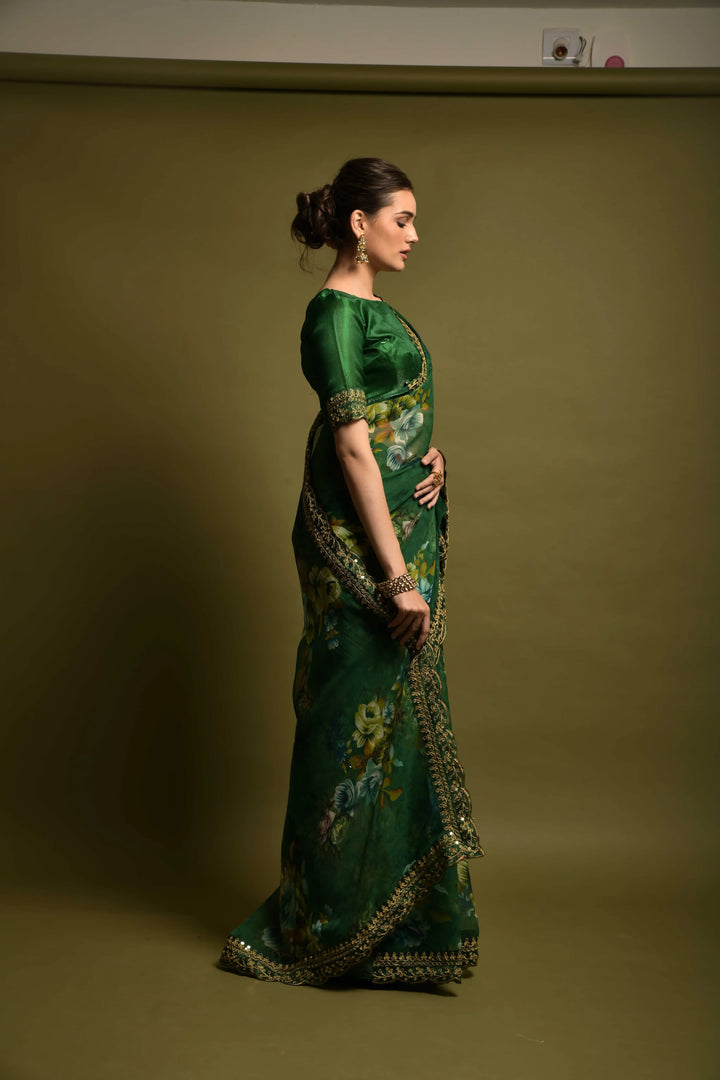 Stunning Georgette Flower-Printed Saree | Satin-Banglori Blouse