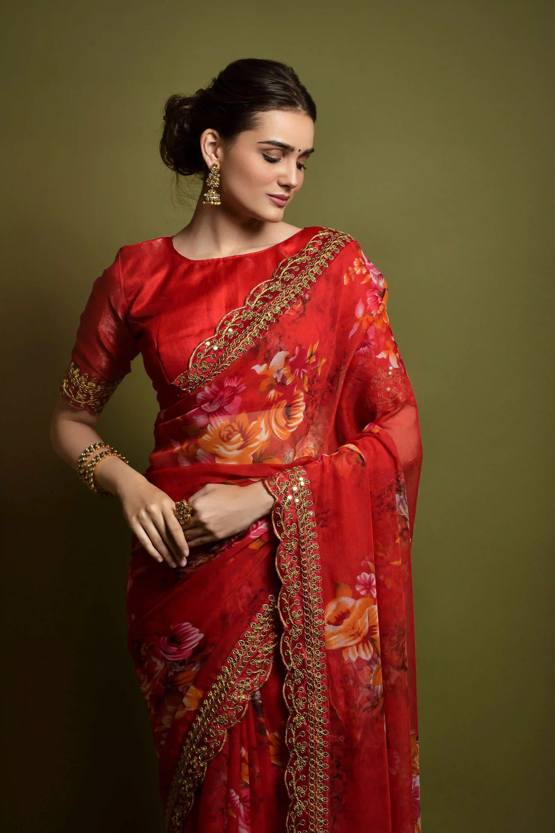 Stunning Georgette Flower-Printed Saree | Satin-Banglori Blouse