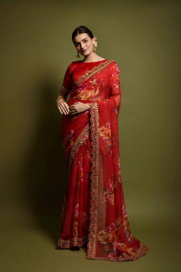 Stunning Georgette Flower-Printed Saree | Satin-Banglori Blouse