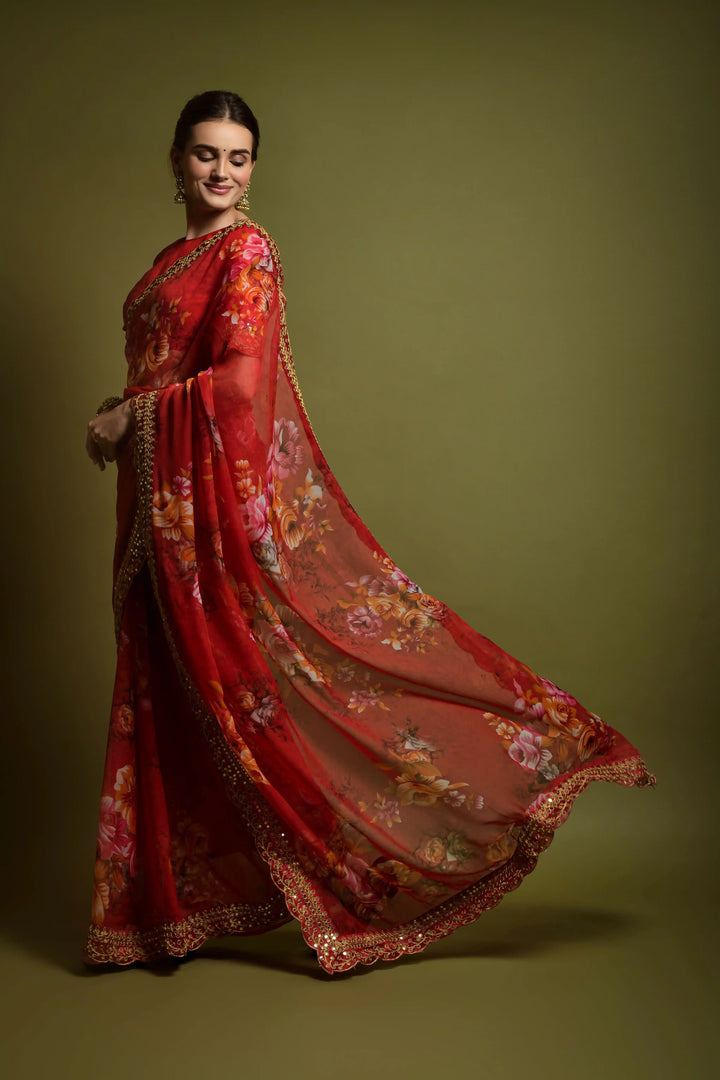 Stunning Georgette Flower-Printed Saree | Satin-Banglori Blouse