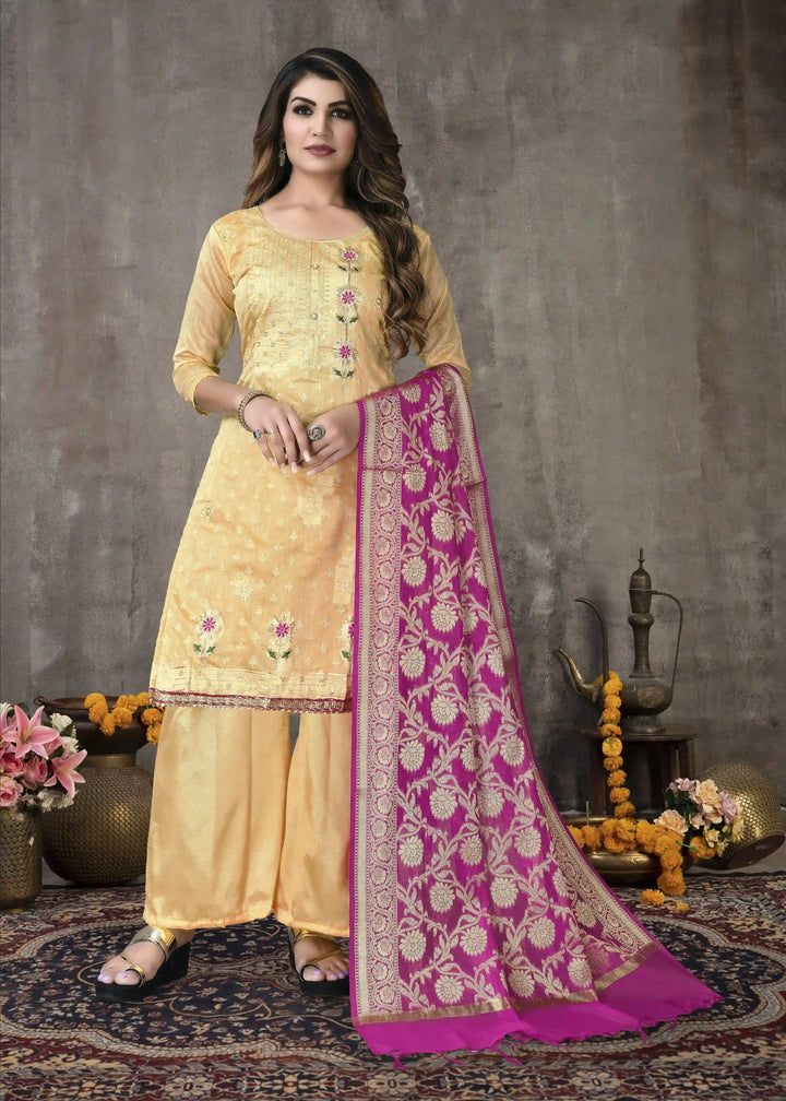 Elegant Beige Modal Chanderi Salwar Kameez | Embroidered Festive Wear
