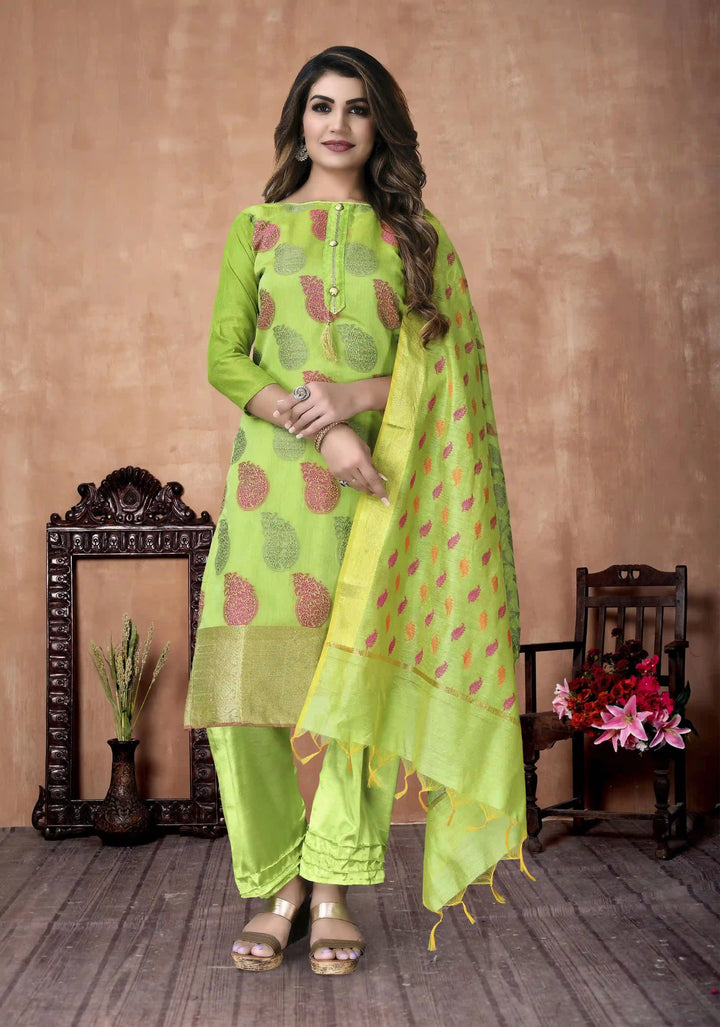 Pista Green Banarasi Silk salwar Suit | Santoon Bottom & Dupatta Set