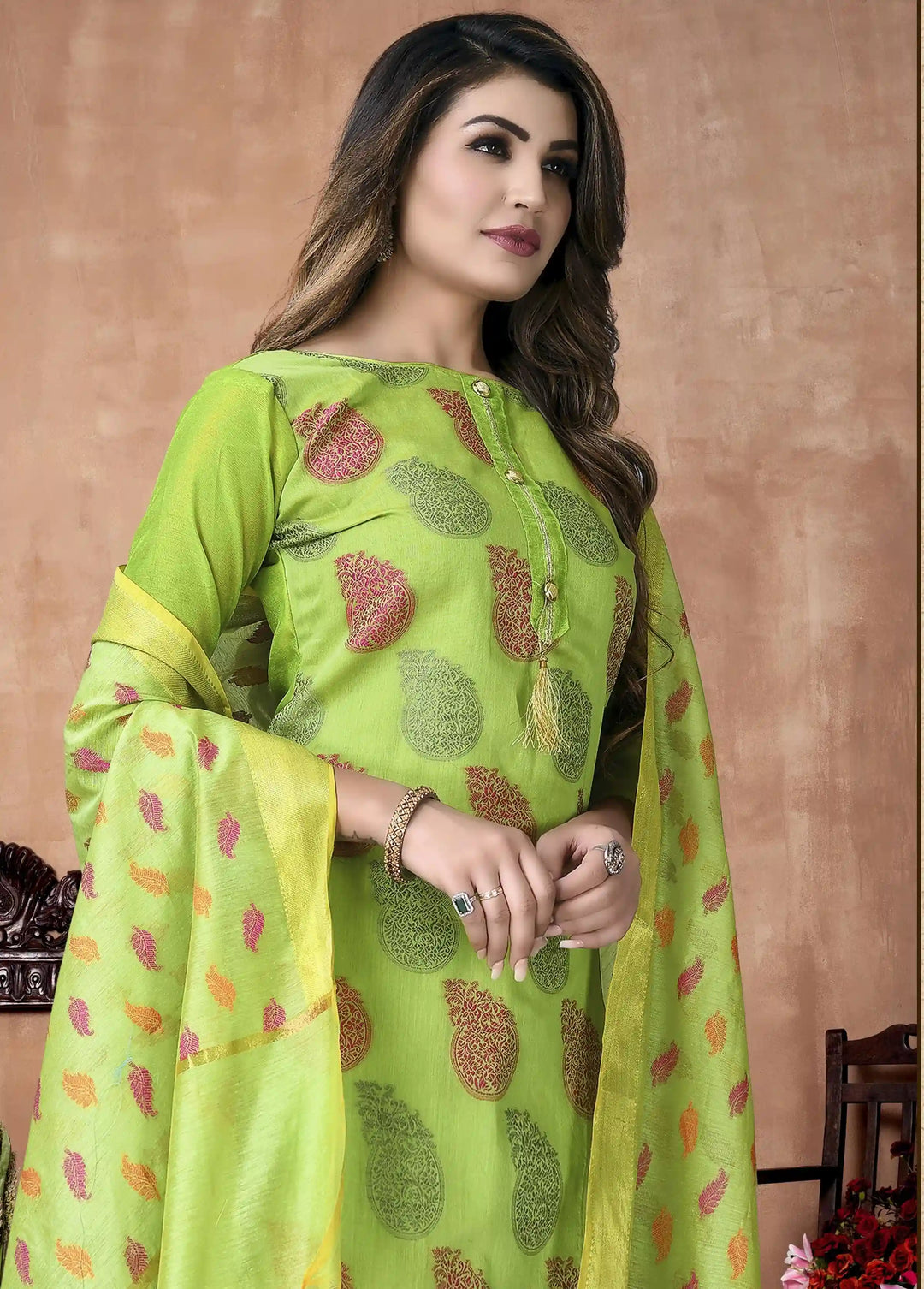 Pista Green Banarasi Silk salwar Suit | Santoon Bottom & Dupatta Set