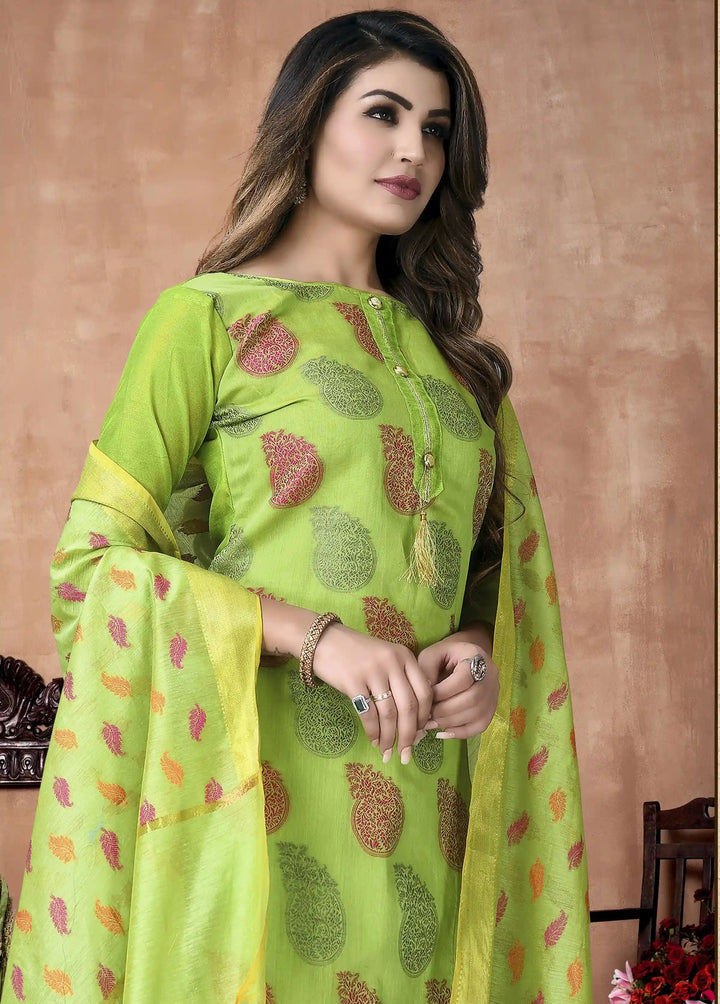 Pista Green Banarasi Silk salwar Suit | Santoon Bottom & Dupatta Set