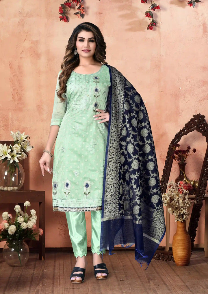 Pista Green Modal Chanderi Suit | Designer Embroidery with Santoon & Silk Dupatta