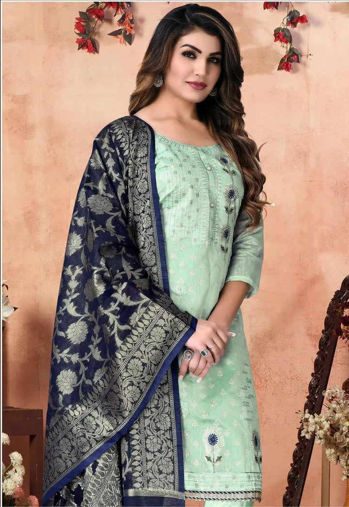 Pista Green Modal Chanderi Suit | Designer Embroidery with Santoon & Silk Dupatta