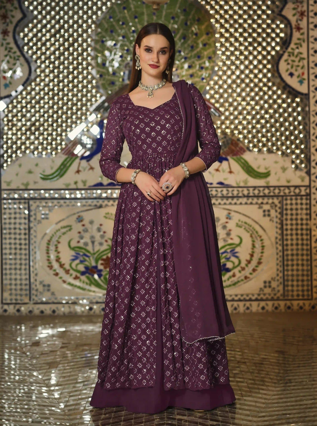 Wine Georgette Suit | Embellished with Designer Heavy Sequin Embroidery