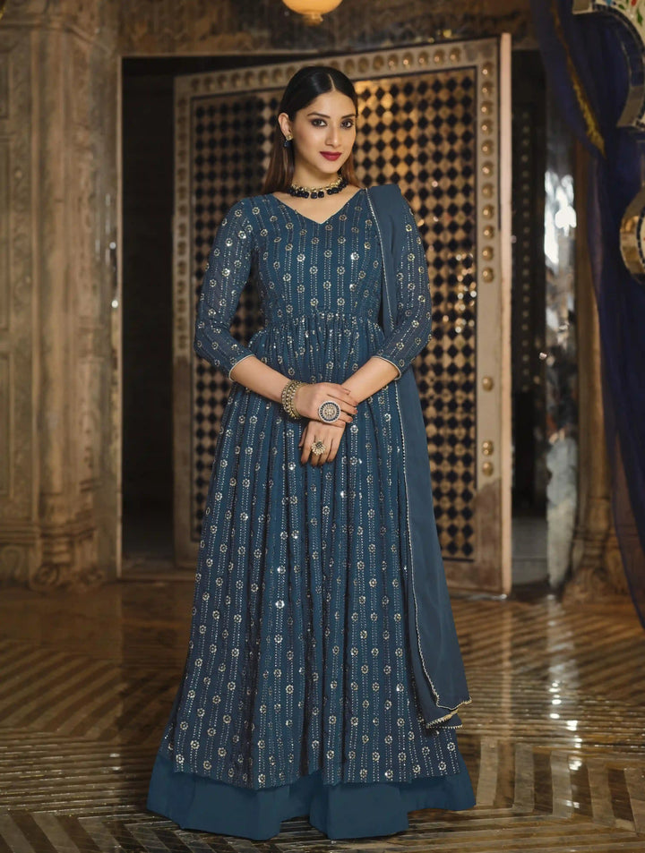 Elegant Teal Blue Georgette Suit | Designer Heavy Sequin Embroidery Work