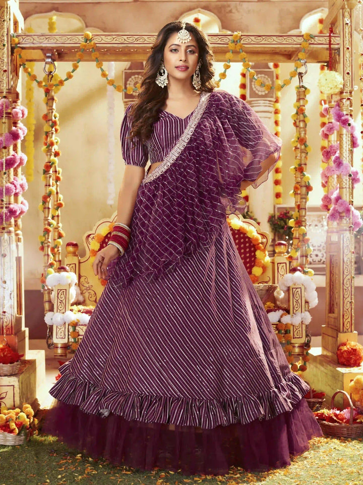 Wine Designer Lehenga Choli | Satin Fabric with Butterfly Net Dupatta For festive wear