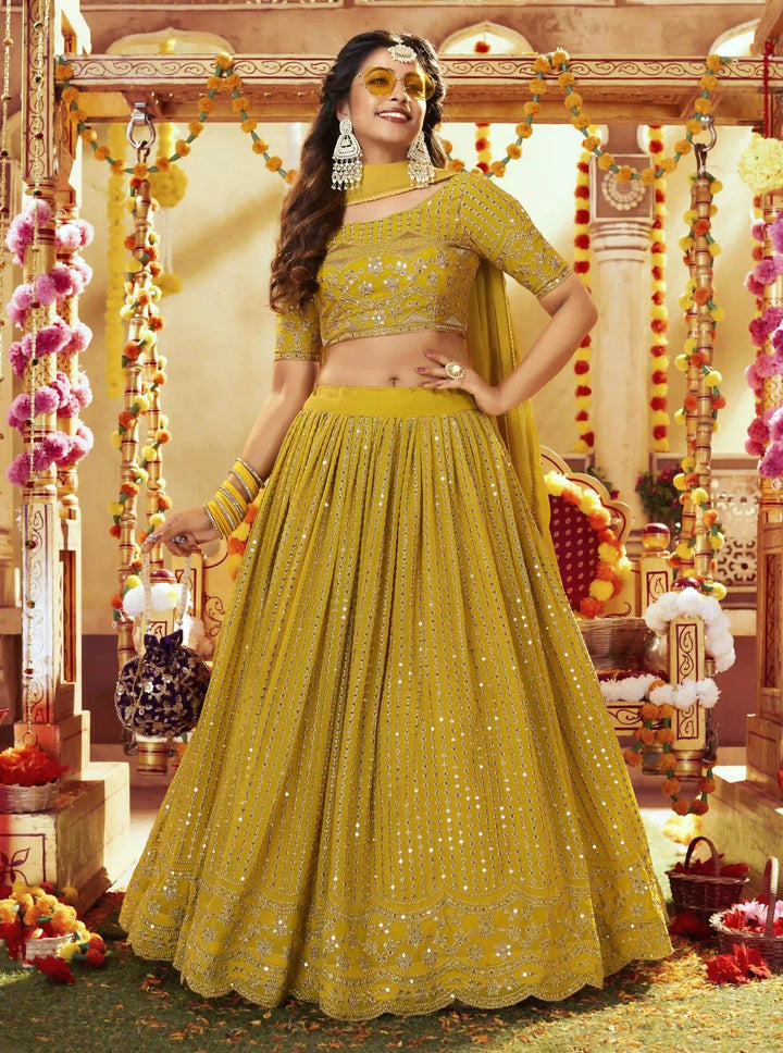 Designer Mustard Lehenga Choli | Faux Georgette with Sequins Embroidery