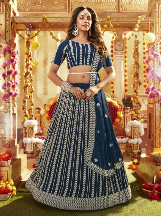 Teal Blue Faux Georgette Lehenga Choli | Heavy Sequins Embroidery Work