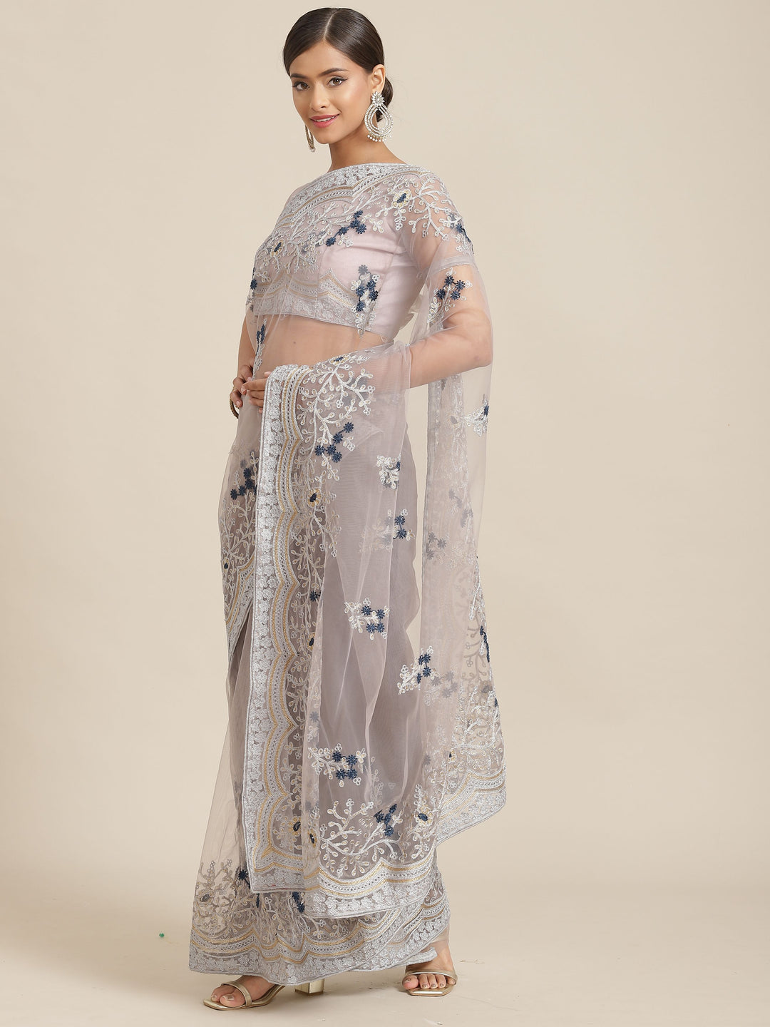 Designer Net Saree with Embroidery | Traditional Wedding Party Wear