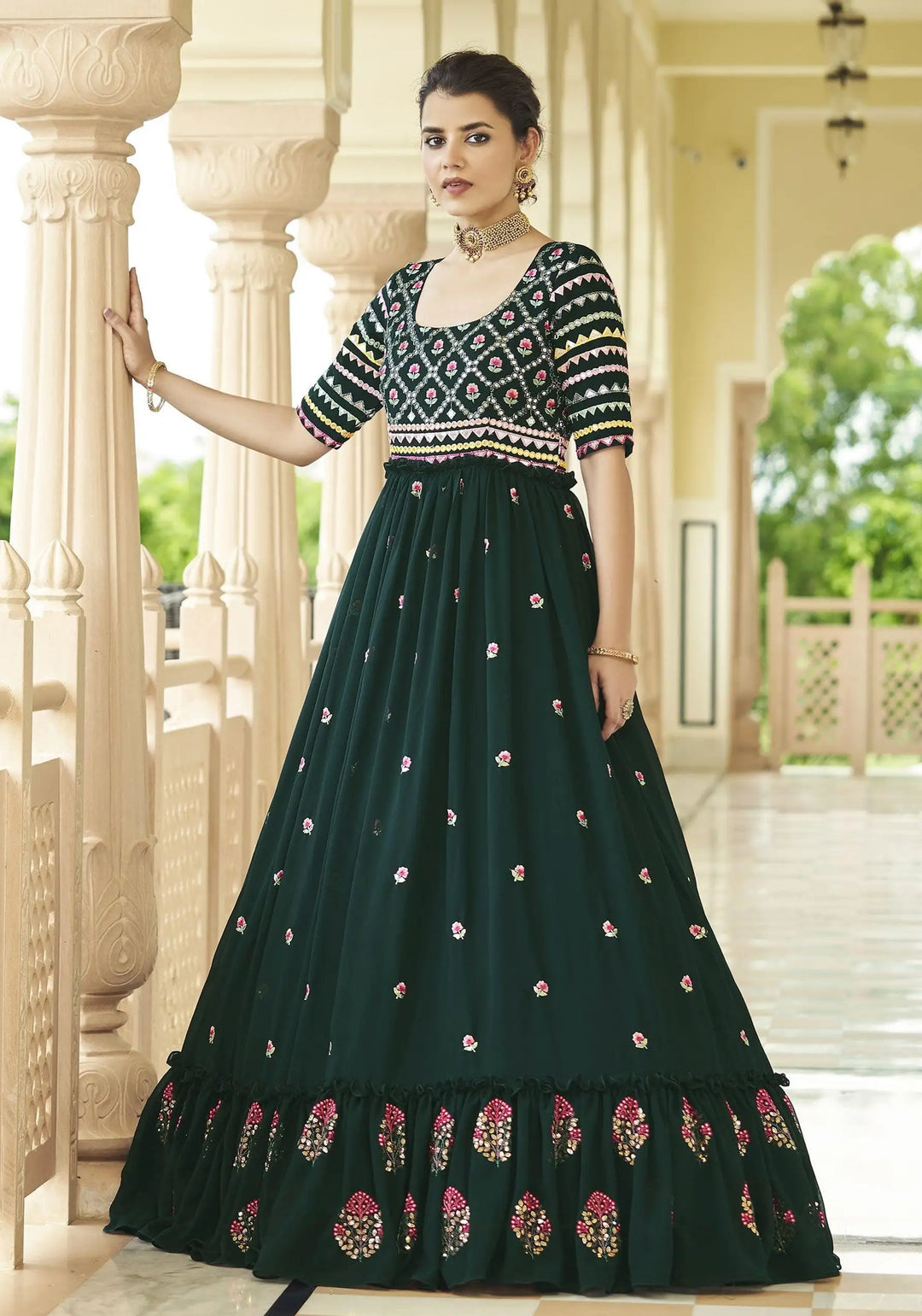 Bottle Green Shibori Gown | Georgette with Silk Crepe Inner & Sequins Work
