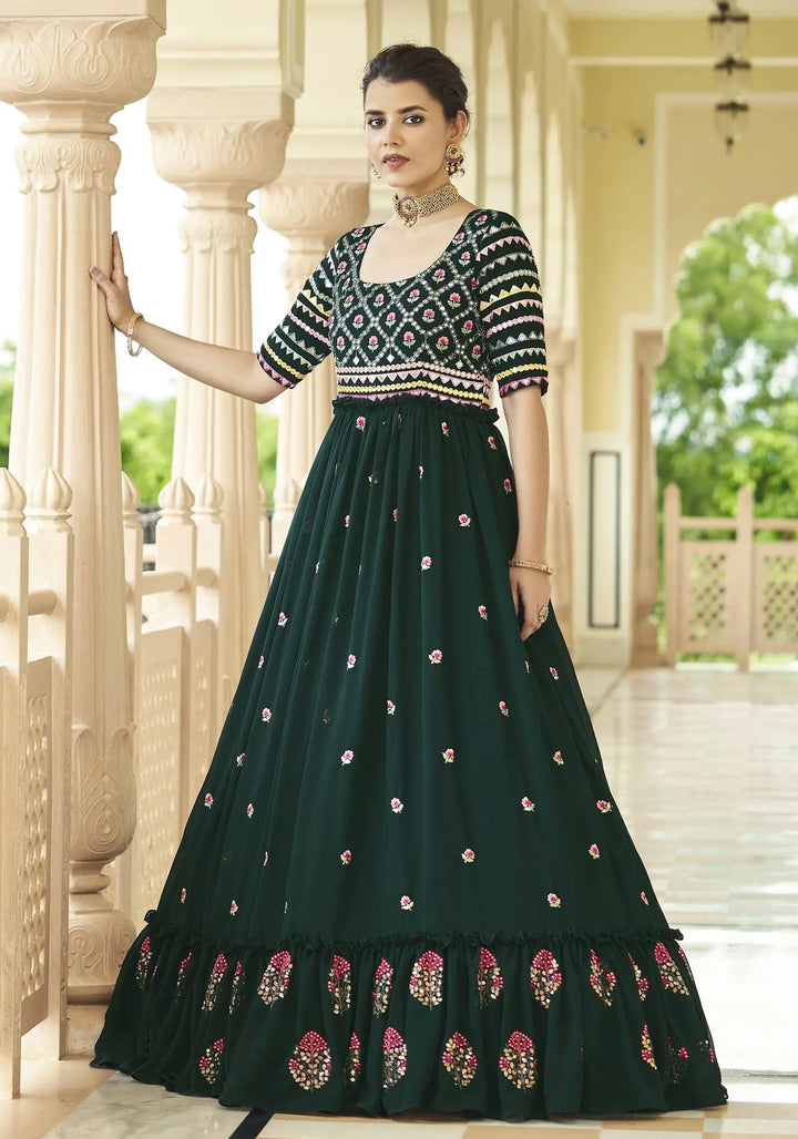 Bottle Green Shibori Gown | Georgette with Silk Crepe Inner & Sequins Work