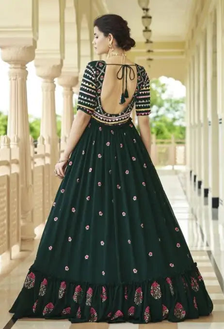 Bottle Green Shibori Gown | Georgette with Silk Crepe Inner & Sequins Work