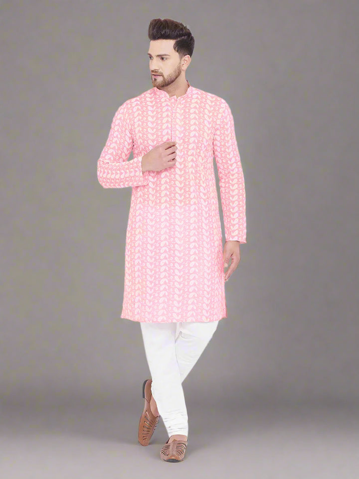 Lucknavi Embroidery Kurta Set | Pink Cotton Kurta with White Pajama