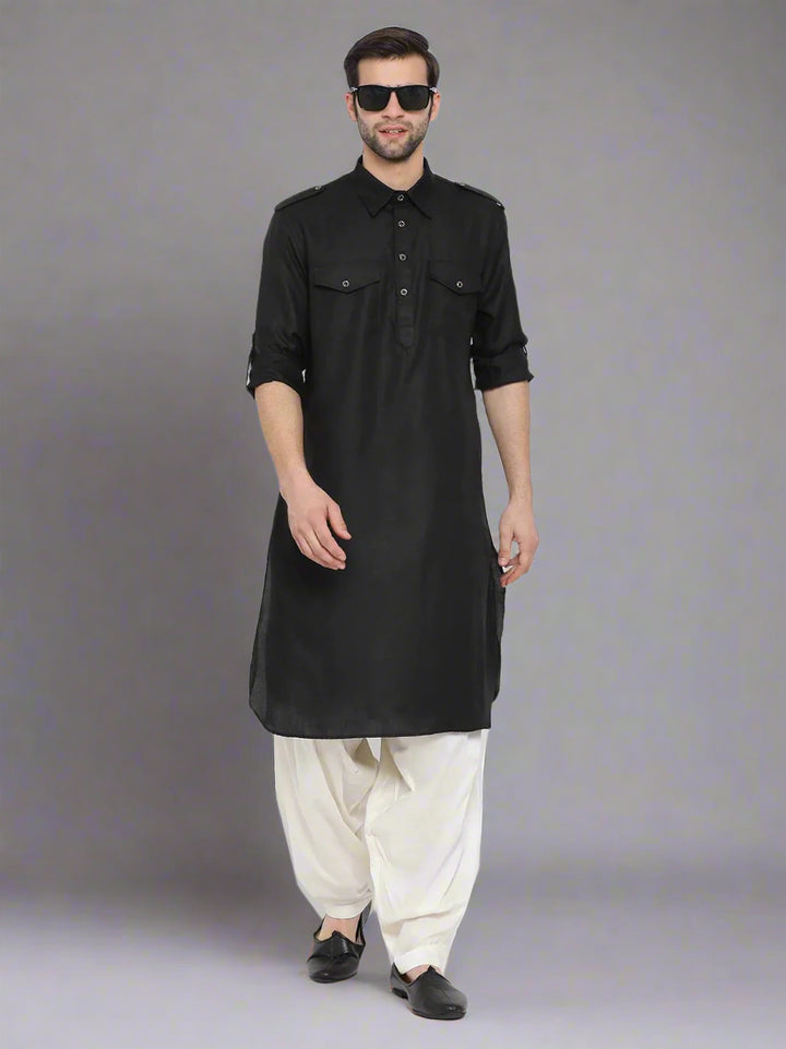 Cotton Kurta with Off White Bottom | Solid Design Traditional Wear for Men