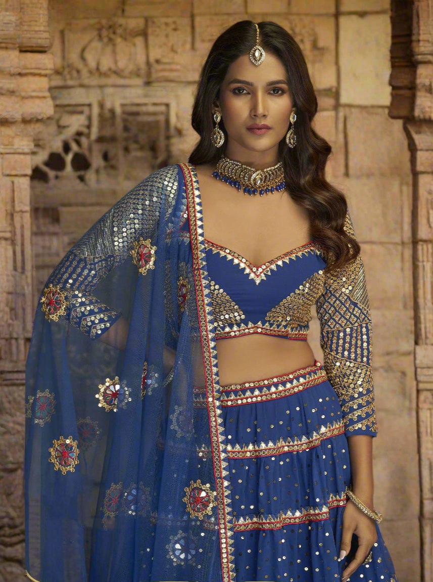 Blue Georgette Lehenga Choli Thread, Sequins & Mirror Embroidery | Party Wear