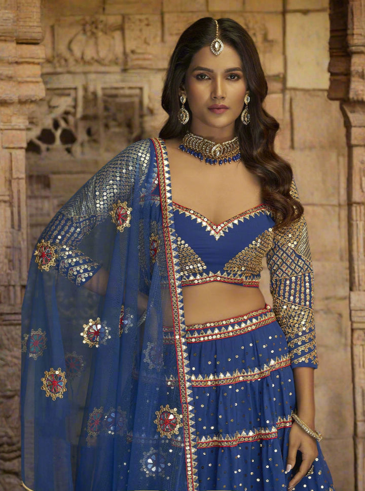 Blue Georgette Lehenga Choli Thread, Sequins & Mirror Embroidery | Party Wear