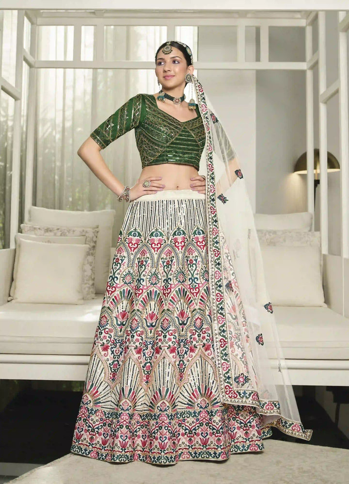 Green and White Silk Lehenga Choli Set | Heavy Thread and Sequins Embroidery