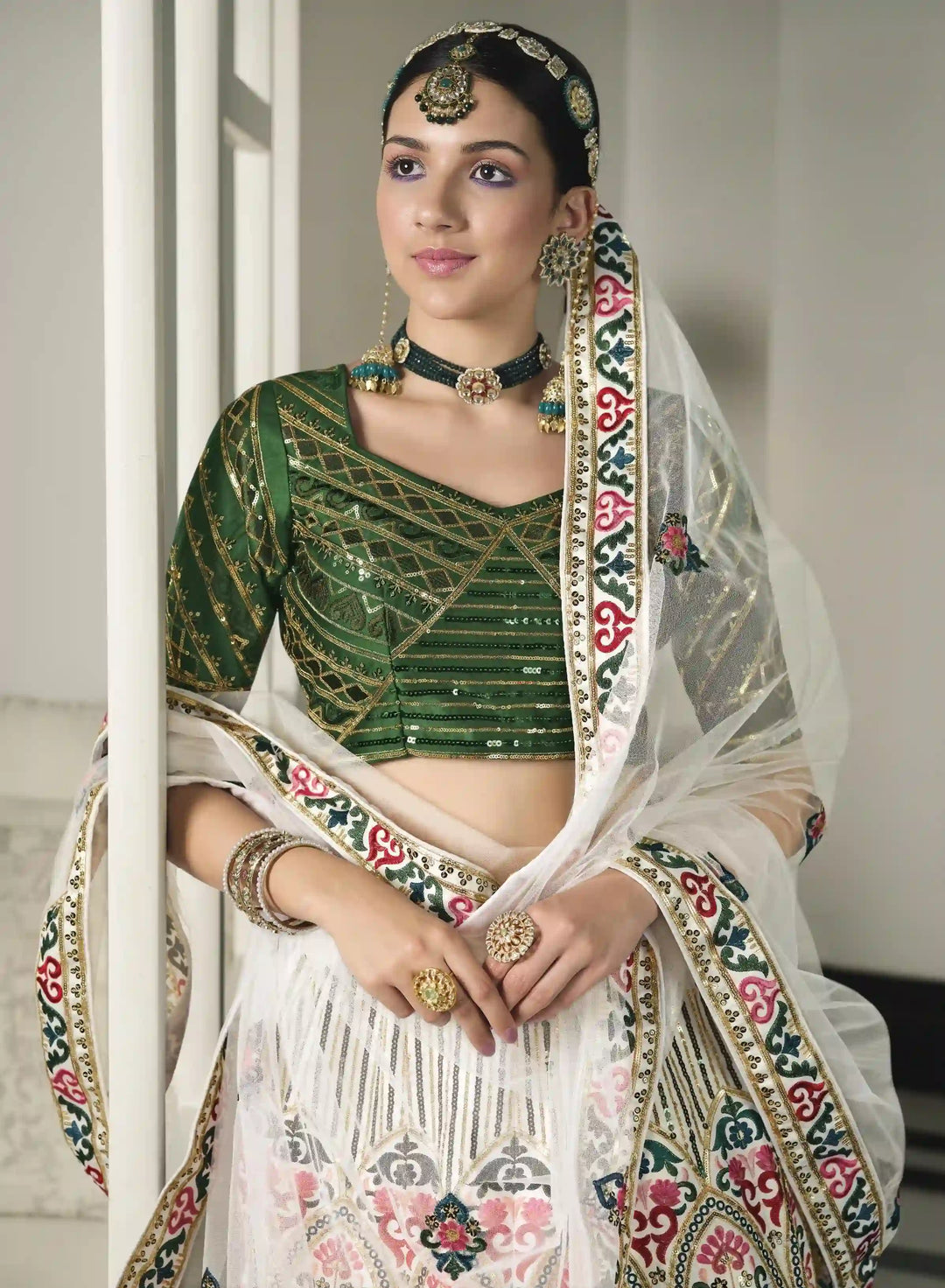 Green and White Silk Lehenga Choli Set | Heavy Thread and Sequins Embroidery