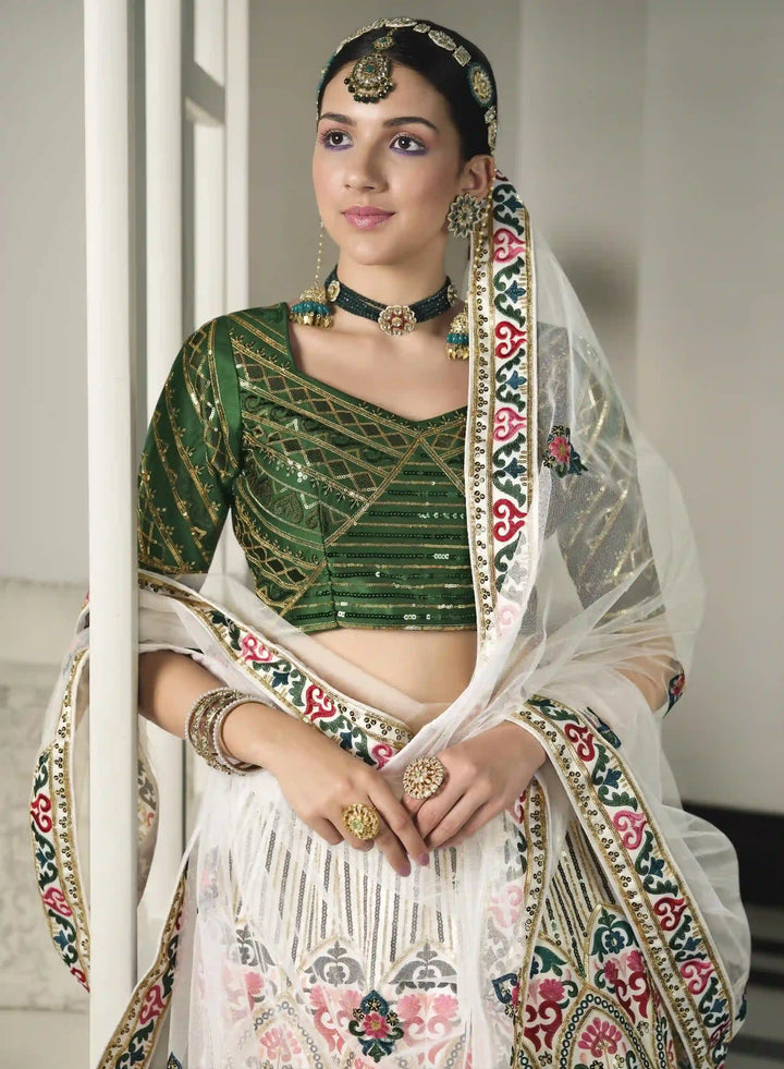 Green and White Silk Lehenga Choli Set | Heavy Thread and Sequins Embroidery