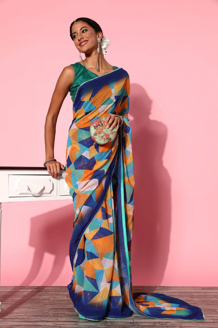 Designer Printed Art-Silk Saree with Sequined Embroidery | Wedding & Festive