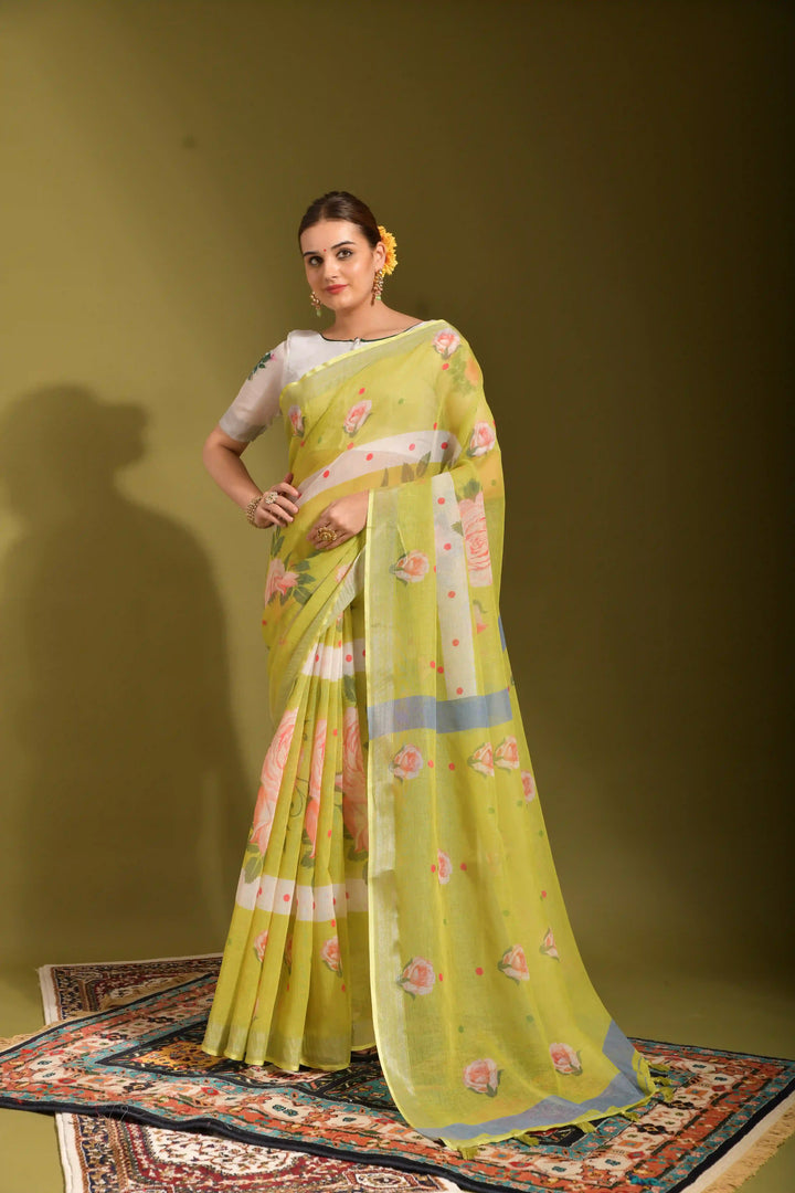Elegant Linen Digital-Printed Saree | Perfect for Weddings & Festive Occasions
