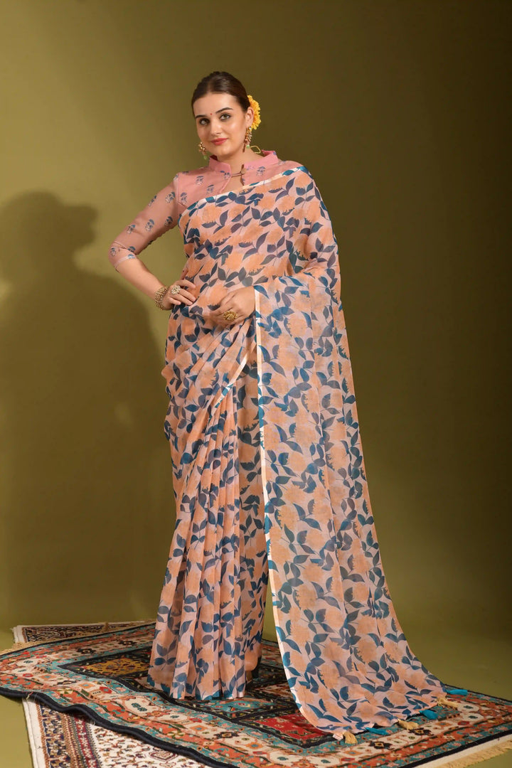 Linen Digital Printed Saree | Elegant Wedding Attire with Chic Blouse Included